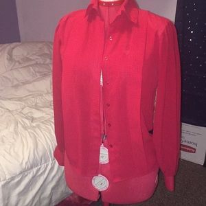 Red button up with tiny black polka dots